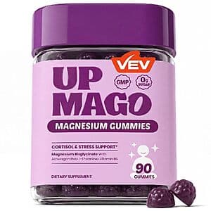 Bottle of VEV UPMAGO Magnesium Bisglycinate Gummies containing 90 gummies, featuring ashwagandha, L-theanine, and vitamin B6.