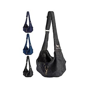 Noah & Paw Snap Sling Denim Dog Carrier in denim fabric with snap closures for small dogs.