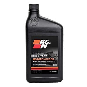 K&N Performance Motorcycle Full Synthetic 20W-50 oil in a 1-quart bottle.