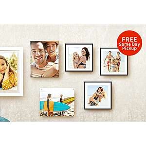 Walgreens Photo wall décor options including canvas prints, framed matted prints, wood panels, and metal panels displayed in various sizes and finishes.