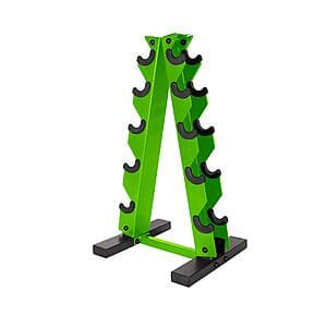 Green A-frame dumbbell rack with five tiers for storing pairs of hex dumbbells up to 25 pounds each, vertical storage design.
