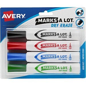 4-Pk Avery Marks A Lot Dry Erase Markers w/ Chisel Tip (Bold Colors) $4.30