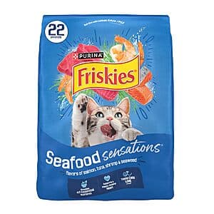 22-pound bag of Purina Friskies dry cat food in Seafood Sensations flavor with orange and seafood-themed packaging.