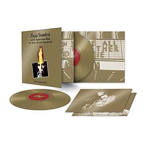Two gold vinyl records with David Bowie Ziggy Stardust and the Spiders from Mars 50th Anniversary Edition packaging.