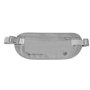 Travelon RFID-blocking waist pouch in polyester with elastic waistband, featuring two zip pockets, shown in neutral color.