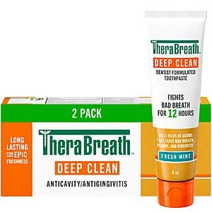TheraBreath 2-count toothpaste tubes in packaging showing the product name and branding.