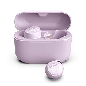 JLab Go Air Pop true wireless earbuds in lilac color with charging case.