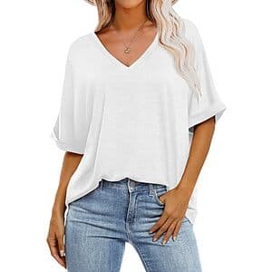 White GKBK women's v-neck short sleeve oversized t-shirt laid flat, showing the relaxed fit and neckline.