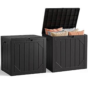 Black UV-resistant resin outdoor storage deck box with lockable lid and bench seating, measuring 22.06"L x 17.33"W x 20.88"H for storing patio cushions and garden tools.