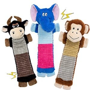 Three 18-inch plush dog toys featuring elephant, cattle, and monkey designs with crinkle material and squeaker details.