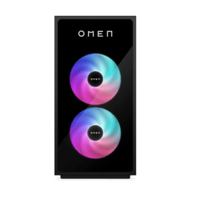 OMEN 35L gaming desktop tower with black chassis, featuring RGB lighting and modern gaming design aesthetic.