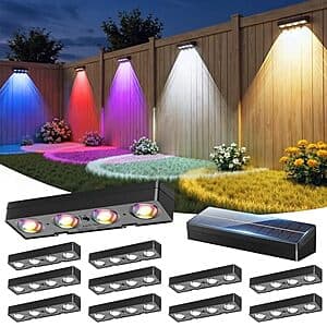 12-pack of weatherproof JOFIOS solar fence lights with white finish, featuring IP65 rating for outdoor use.