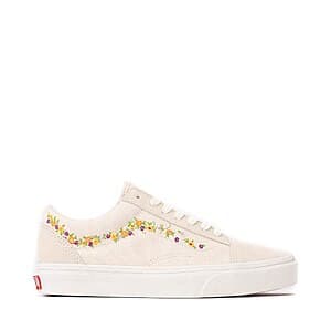 Vans Women's Old Skool skate shoe in cream marshmallow with multicolor floral embroidery details.