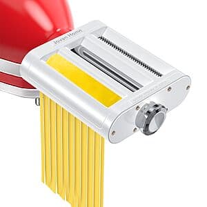 Jovan Home 3-in-1 pasta attachment with rollers and cutters for KitchenAid stand mixers, designed for making fettuccine, pappardelle, and lasagna noodles.