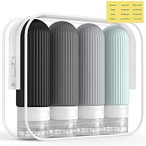 Four grey silicone travel bottles, each 3 ounces, with leak-proof caps suitable for TSA carry-on liquids.