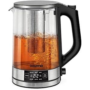 Gourmia 1.7L glass electric kettle with digital display panel and removable tea infuser basket.