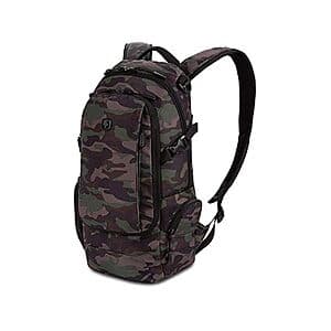 SwissGear 3598 backpack in camo green, narrow daypack style suitable for travel.