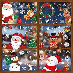 Nine sheets of Christmas window clings with 186 festive pieces total, made from clear PVC material for easy application and removal.