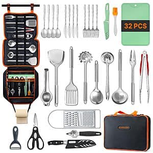 32-piece GAIALOOP camping cooking utensil set including knives, utensils, and cutlery organized with a compact carrying bag.