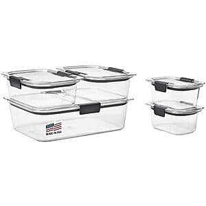 Set of 10 clear Rubbermaid Brilliance Tritan plastic food storage containers with matching lids, displaying the crystal-clear design and stackable rectangular format.