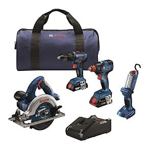 BOSCH 18V 4-Tool Kit w/ Impact + Hammer Drill / Driver, Circ Saw, Worklight, 2Ah & 4Ah Batteries $149 + Free Store Pickup