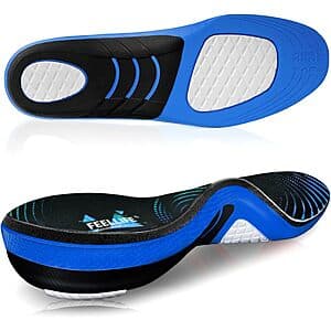 Pair of beige gel arch support shoe insoles with dual-layer construction designed for plantar fasciitis relief, shown from top and side views.