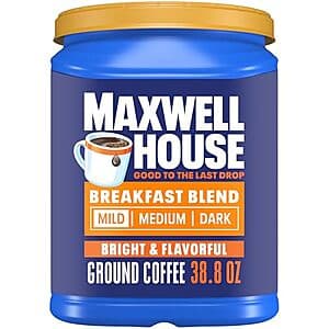 Maxwell House Breakfast Blend Mild Roast ground coffee in a brown bag, 38.8 oz package.