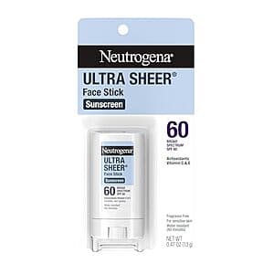 Neutrogena Ultra Sheer Stick Sunscreen SPF 60, 0.47 oz stick format for facial sun protection.