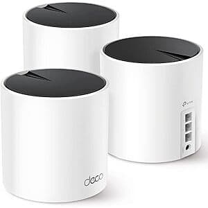 Three white TP-Link Deco X55 mesh router units with AX3000 WiFi 6 capability.