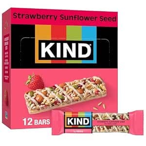12-pack box of KIND Strawberry Sunflower Seed Snack Bars with red and white packaging.