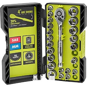 26-Pc RYOBI 1/4" Drive Standard (SAE) & Metric Ratchet & Socket Set $19.95 + Free S&H