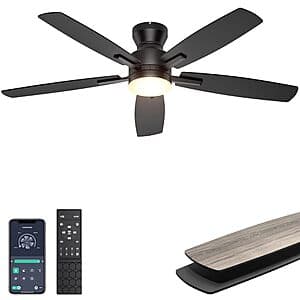 Black 52-inch low-profile ceiling fan with integrated LED light and remote control app compatible mounting.
