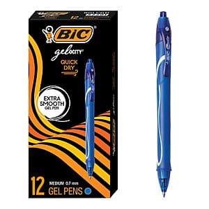Pack of 12 BIC Gelocity Quick Dry blue gel pens with 0.7mm medium points, arranged in rows showing the pen barrels and tips.