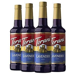 Four 25.4-oz bottles of Torani Lavender Syrup with purple labeling, displayed as a bundled pack.