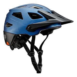 Blue adult bicycle helmet with 16 ventilation ports and integrated rechargeable LED rear light, includes USB-C charging cord.