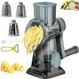 Blue manual rotary cheese grater with stainless steel drum and hand-crank handle, food-grade plastic construction.