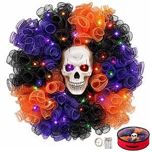 24-inch diameter Halloween skull wreath with color-changing lights and seasonal festive design.