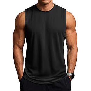 Black sleeveless quick-dry workout shirt with UPF 50+ protection, available in multiple color options including azure, dark grey, light blue, light grey, pink, and white.