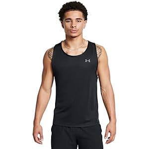 Black and Pitch Gray Under Armour Men's Velocity Tank Top athletic sleeveless shirt displayed on product page.
