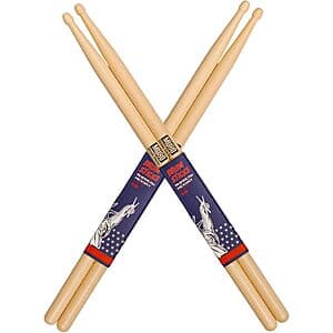 2-pack of American hickory drumsticks with smooth natural finish, available in 5B, 5A, or 7A sizes.