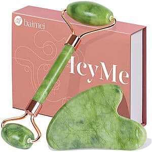 Green gua sha stone and jade roller facial skincare tool set by BAIMEI, shown as a complete set.