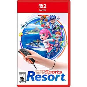 Nintendo Switch Sports Resort game case for Nintendo Switch 2 with Joy-Con sports imagery on packaging.