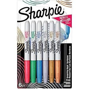 Six Sharpie Fine Point Metallic Permanent Markers in assorted metallic colors arranged in a row.