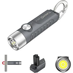 Grey TUNENGE S11-T compact rechargeable keychain flashlight with USB-C charging port, designed for everyday carry.