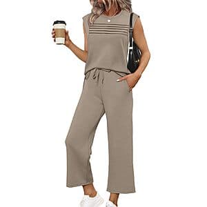 WIHOLL women's 2-piece lounge set with cap sleeve top and wide-leg crop pants in select colors.