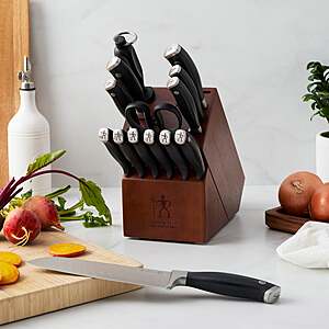 Henckels Forged Elite 15-piece knife set with multiple knives of varying sizes displayed.