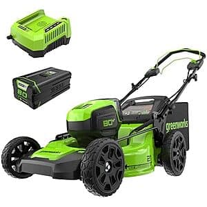 Greenworks 21-inch self-propelled lawn mower with 80V Pro brushless motor, 4.0Ah lithium-ion battery and charger included.