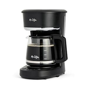 Mr. Coffee 12-cup black programmable coffee maker with digital controls and carafe.
