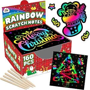 ZMLM 165-piece rainbow scratch paper art set with colorful scratch-off designs in assorted colors and patterns.