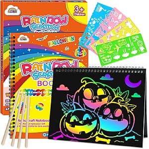 Two Halloween-themed rainbow scratch art notebooks for kids, each with stencils and wooden styluses included.